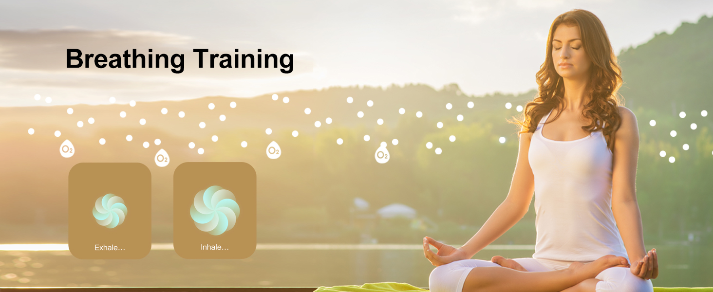 명상 장면과 함께 일몰 배경에 두 개의 원형 아이콘을 표시하는 호흡 훈련 앱 인터페이스.