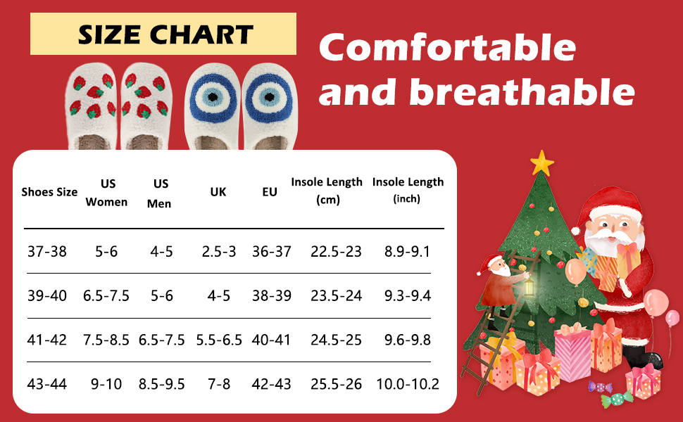Shoe size chart with Christmas-themed design showing US, UK, and EU measurements for footwear lengths, featuring holiday decorative elements.