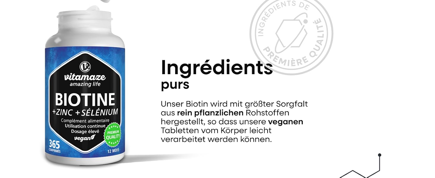 Flacon blanc avec étiquette bleue contenant un supplément de biotine avec du zinc et du sélénium. Le texte en allemand décrit des ingrédients purs et des comprimés végétaliens facilement absorbés par l'organisme.