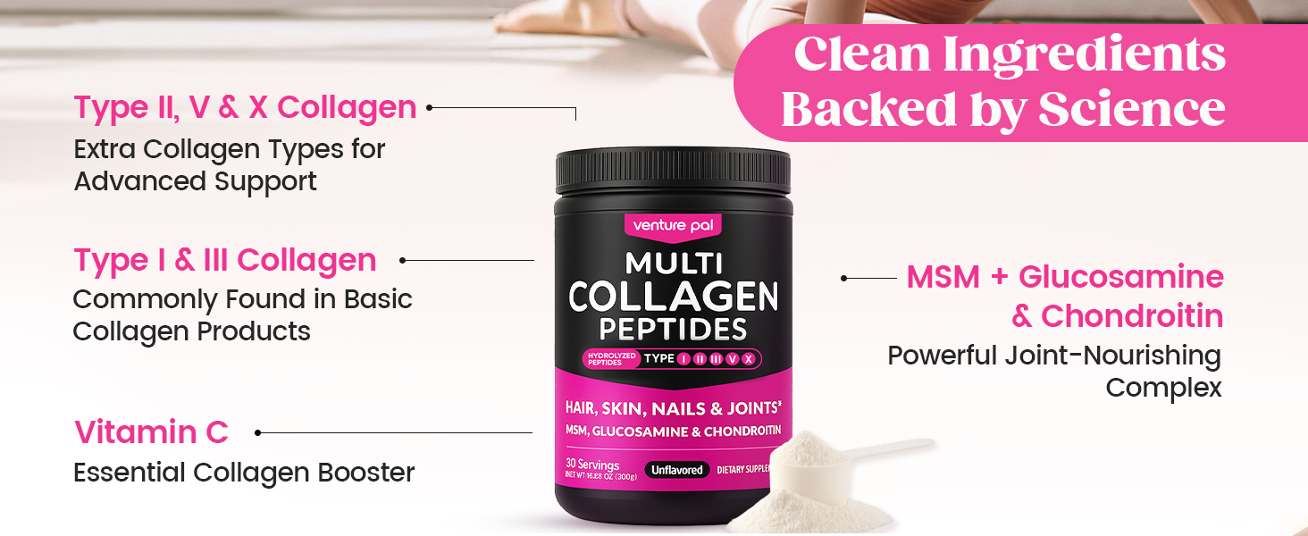 Collagen Peptides Type I, II, III, V, X, MSM, Glucosamine, Chondroitin, Vitamin C