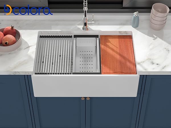 Dcolora 33 Inch White Farmhouse Sink Workstation Ceramic