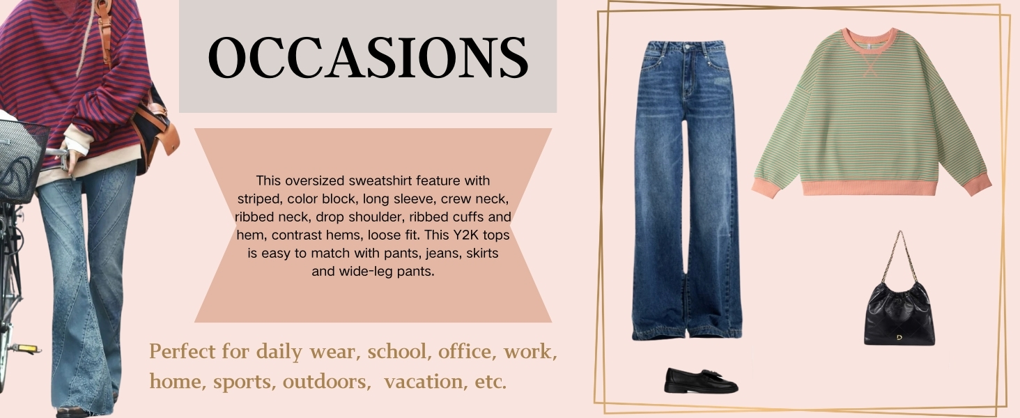 Women Striped Oversized Sweatshirt Color Block Long Sleeve Shirt Crew Neck Casual LooseY2K Top