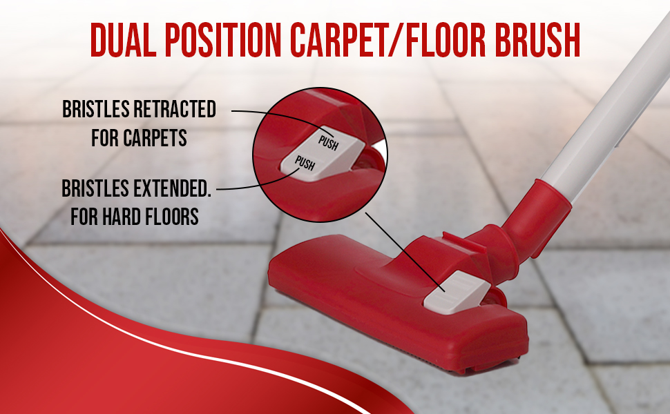 Dual-position carpet/floor brush with retractable bristles. Red plastic head, white handle. Adjustable for use on carpets or hard floors.