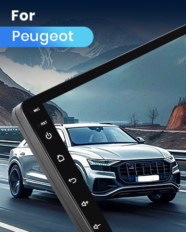 avec boutons affichés à côté d'un VUS argenté circulant sur la route. Le texte indique que le produit est destiné aux véhicules Peugeot.