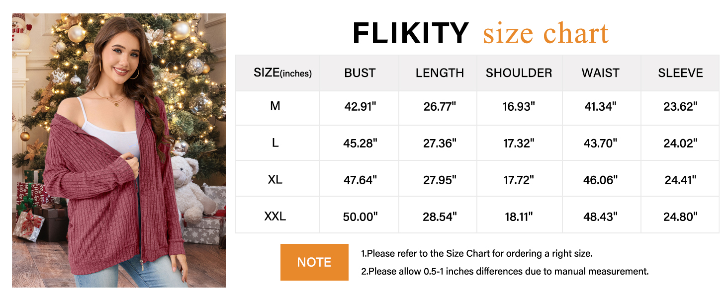 Size chart for clothing, showing measurements for bust, length, shoulder, waist, and sleeve across sizes M to XXL. Includes a photo of a woman wearing a red knit cardigan.