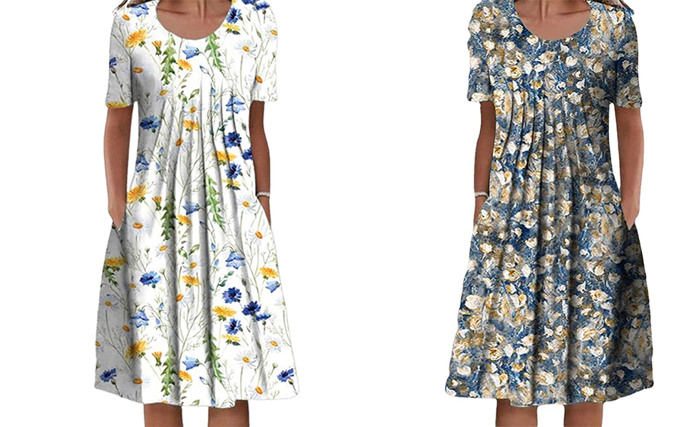 Deuyo Dresses for Mature Ladies,Casual Loose Floral Crew Neck Print Pleated Midi