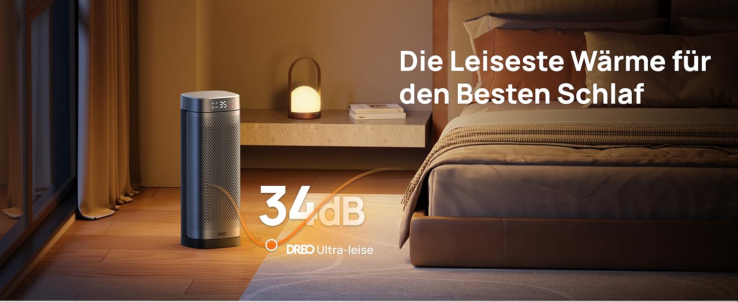 Tragbare Heizung in einem Schlafzimmer, die auf der beleuchteten Vorderseite „34 dB“ anzeigt. Der Text weist darauf hin, dass es leise Wärme für einen optimalen Schlaf bietet