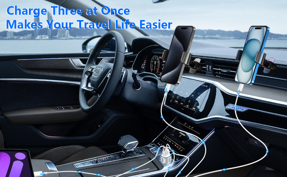 3-Port 67W Dual PD/QC3.0 Car Power Adapter USB-C Car Charger Fast Charging Cigarette Lighter Adapter