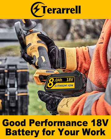 Terarrell 18V battery-powered tool in use outdoors. Person wearing work gloves holds yellow and black tool. Advertisement highlights good performance for work.