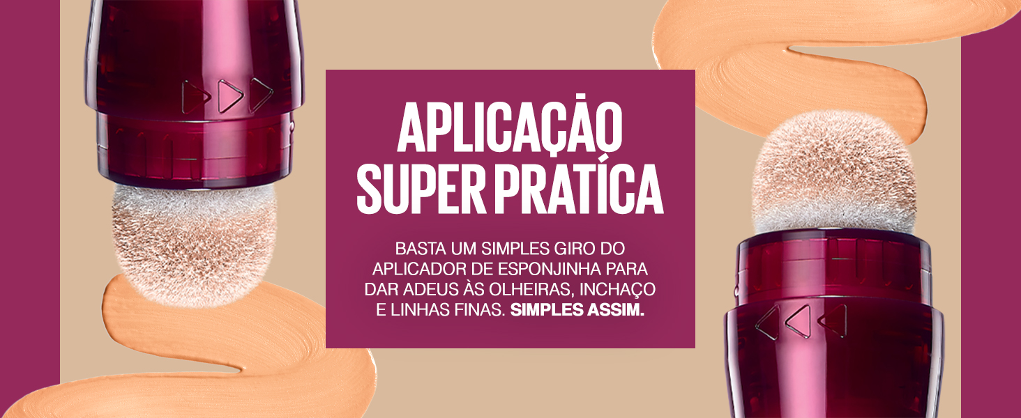 Foto do aplicador em forma de esponjinha com a frase "aplicação super prática" em destaque
