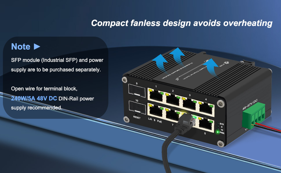 Industrial 8 ports 30W poe switch with 2 sfp slots A+2