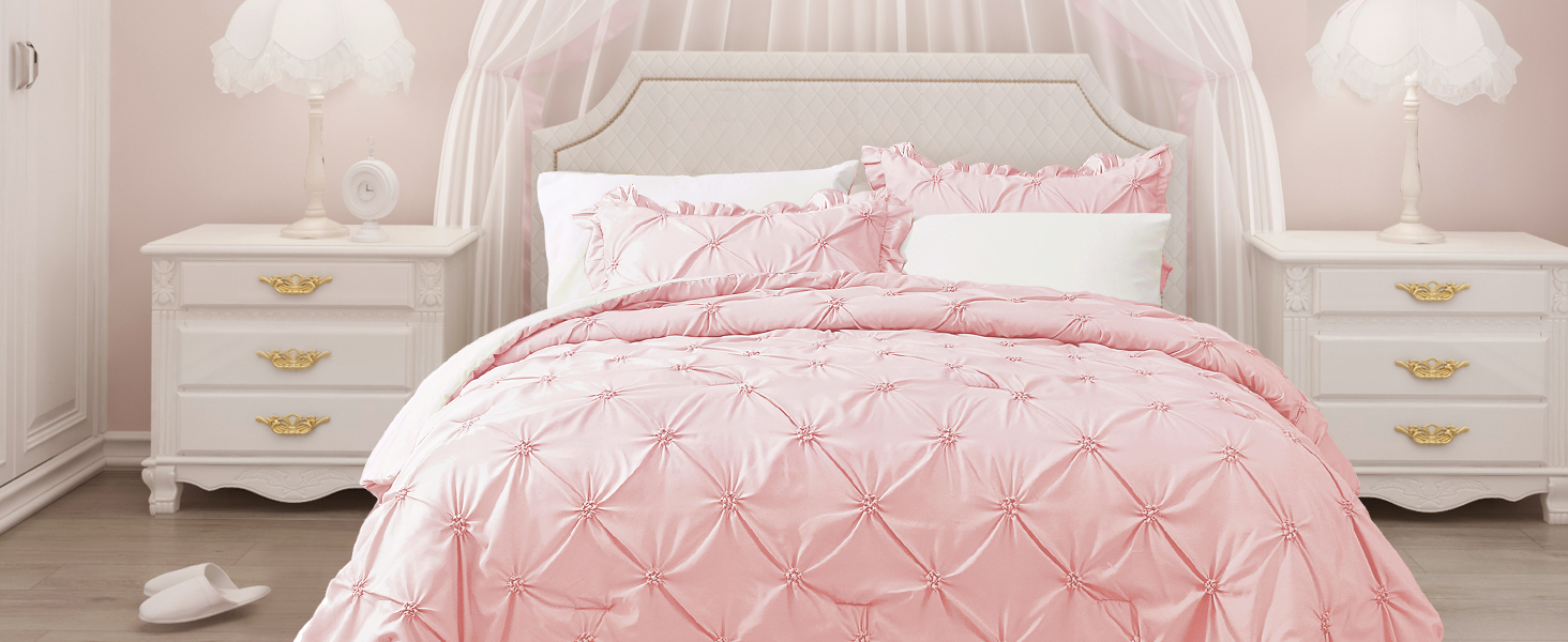 JOLLYVOGUE Queen Comforter Set Pintuck Pink/Ivory 7 Piece Bed in a