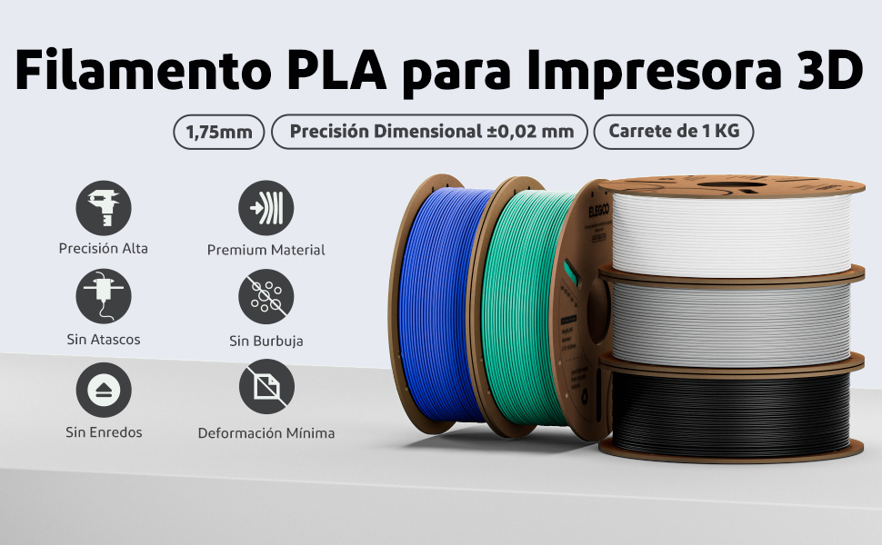 Carretéis de filamento PLA para impressoras 3D em azul, verde, branco e preto. O produto apresenta 1,75mm de diâmetro, precisão dimensional e 1KG