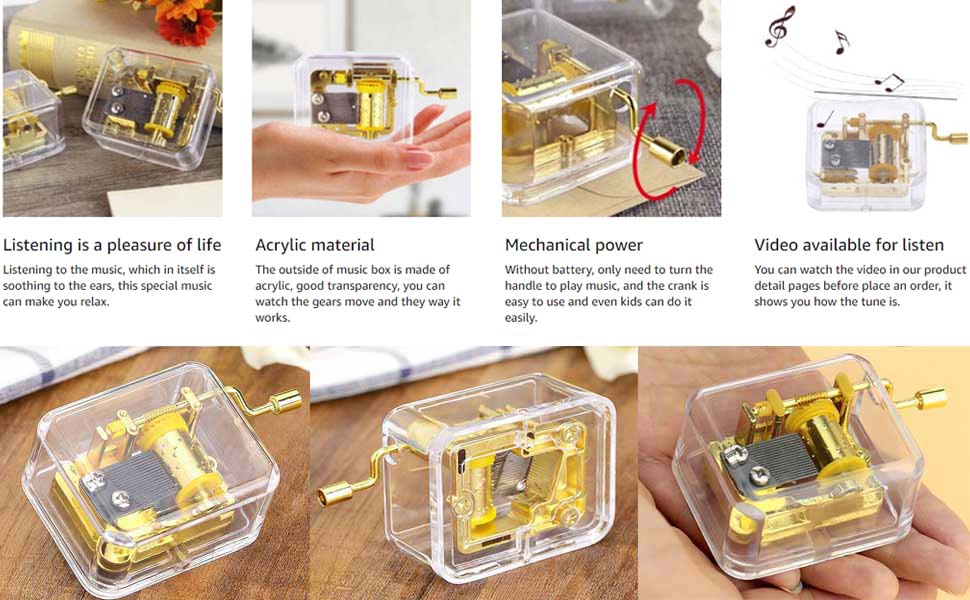 Acrylic Clear Gold Hand Crank Music Box for Mom/Dad/Daughter/Son - Unique Best Gifts