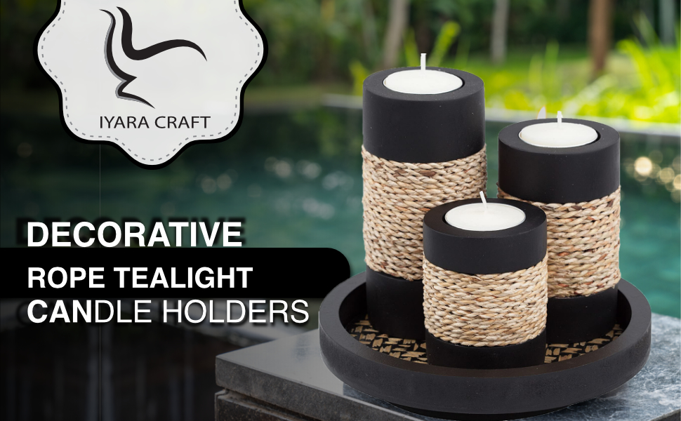 Rope Tealight Holders IYARA CRAFT Decorative Candle Holders Stair-Step Sizes Matte Black Finish