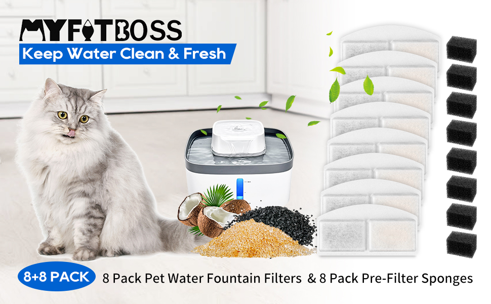 MyfatBOSS 8 Pack Pet Fountain Filter Replacement and 8
