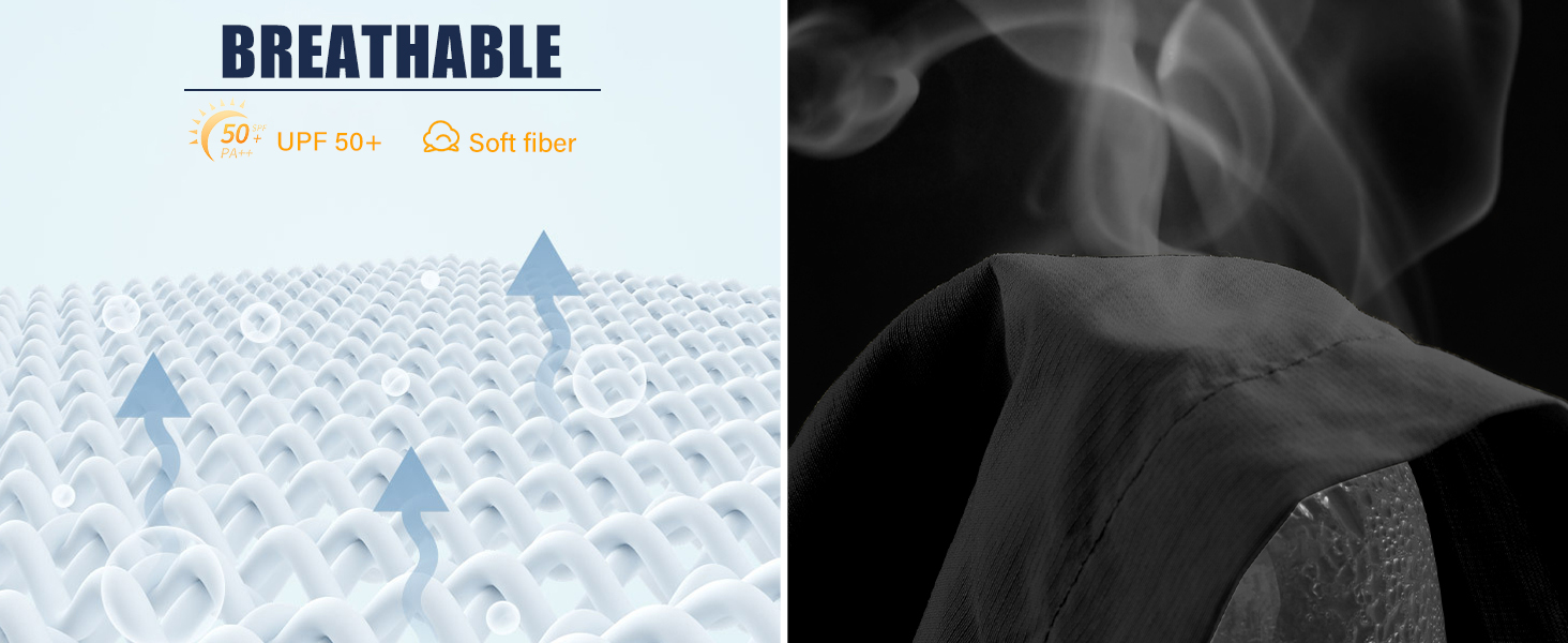 Split image showing 'Breathable' text over a diagram of air flow through a textured surface, and a grayscale close-up of fabric.