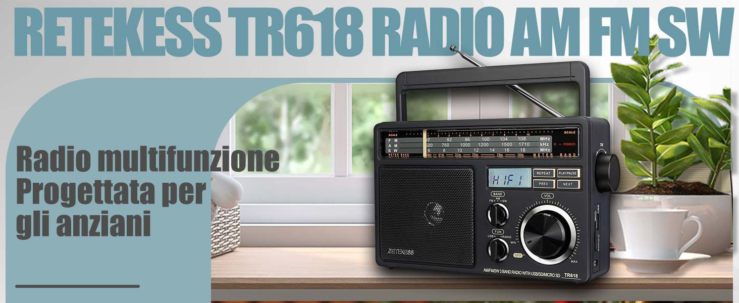 Retekess TR618 Radio Portatile, FM AM SW Radiolina Portatile, Radio Vintage, Supporto USB/SD/TF