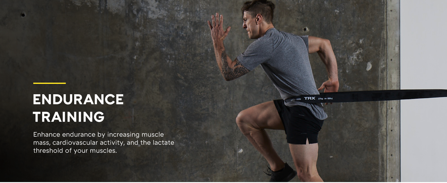 A man exercising indoors with a full-body workout band. Text reads: Endurance training.