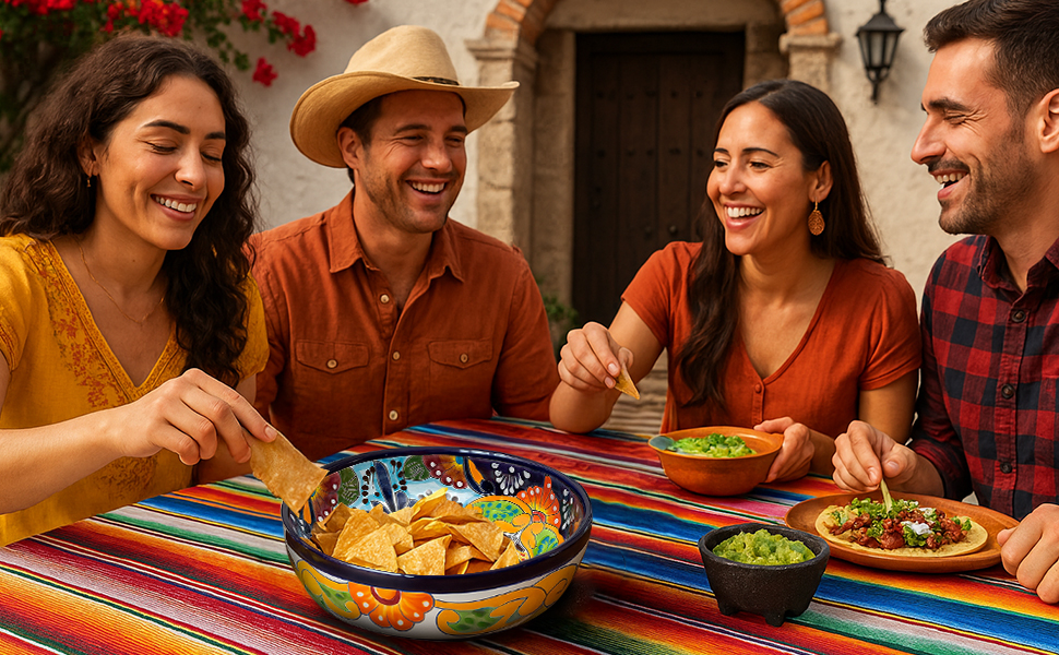 Friends enjoy chips and guacamole outdoors with a colorful Talavera bowl on a vibrant striped table.