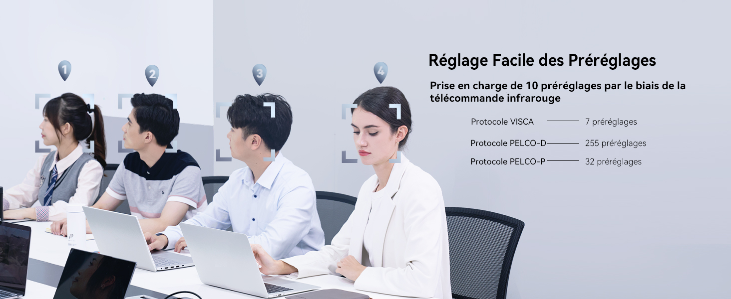 Cadre de bureau montrant des postes de travail avec écrans d'ordinateur et chaises de bureau, avec superposition de texte en français