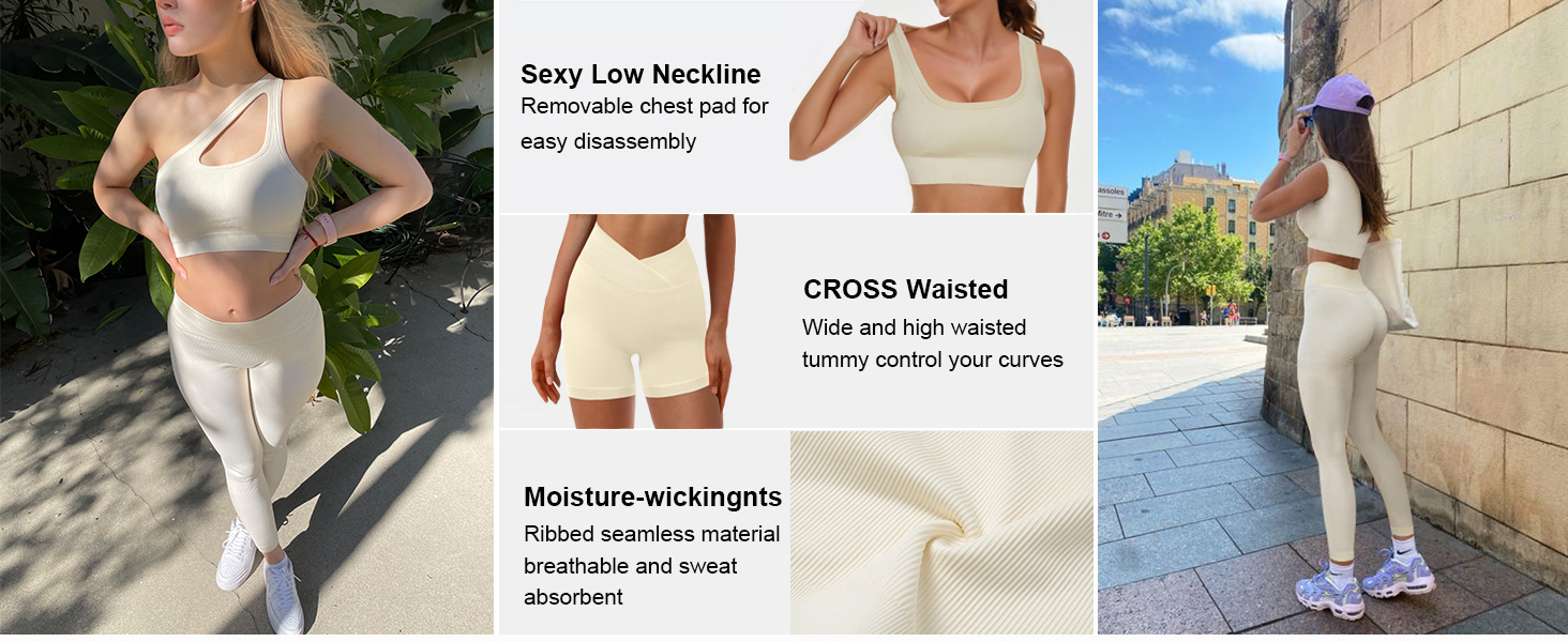 JZC Yoga Workout Outfits for Women 2 Piece Ribbed Seamless Exercise