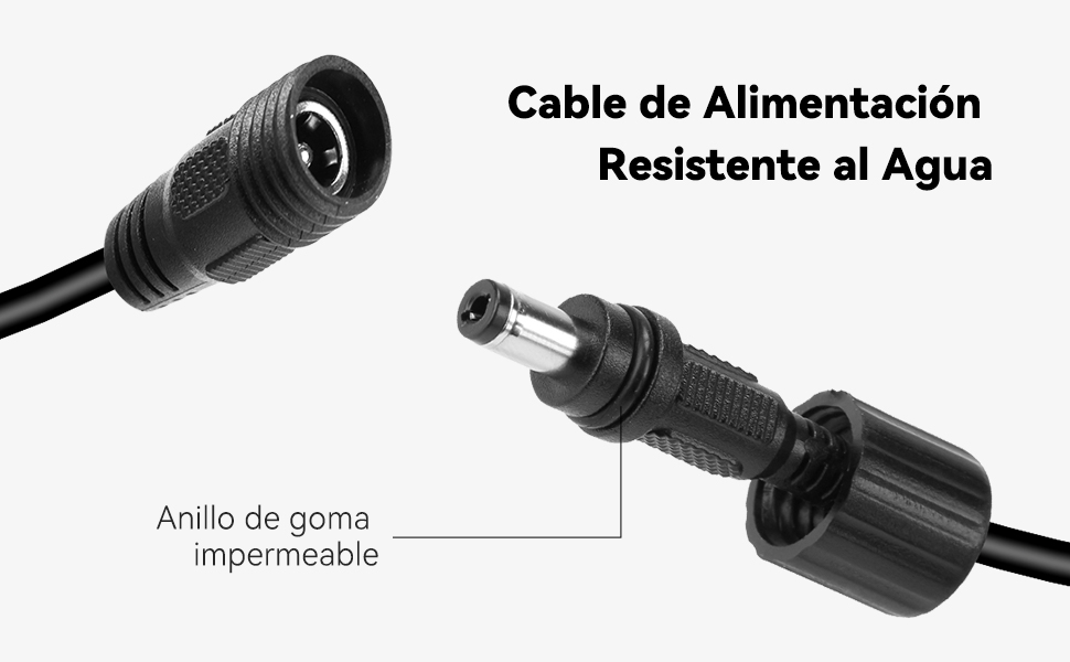 Cable de alimentación resistente al agua con conectores en primer plano. Etiquetado como «Cable de Alimentación Resistente al Agua» con «Anillo de goma impermeable» apuntando a una junta de goma