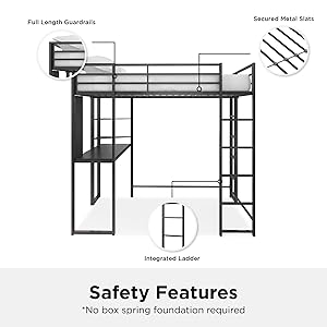 DHP Abode Full-Size Loft Bed Metal Frame with Desk and Ladder Safety