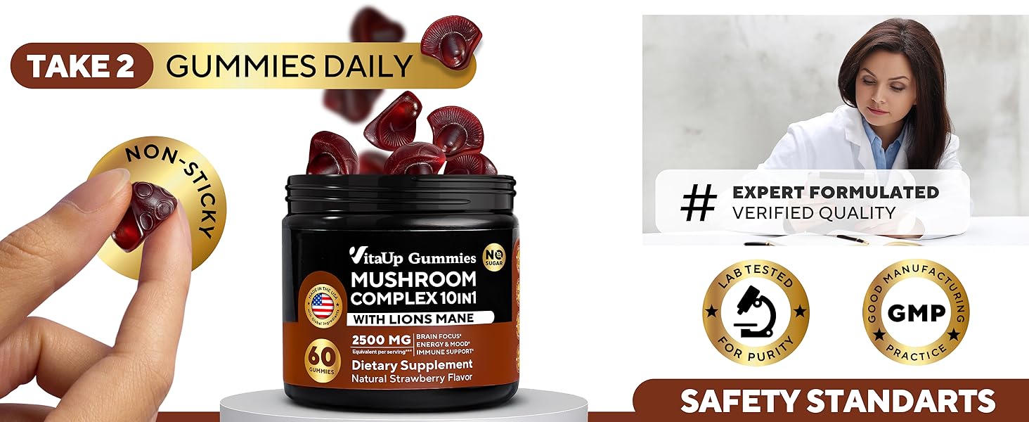 Take 2 gummies daily text and mushroom gummies in hand and woman in white robe verifying quality
