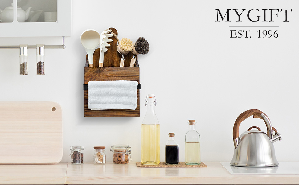 Rustic Wall Mounted Solid Wood Utensil Holder with Towel Bar on kitchen wall