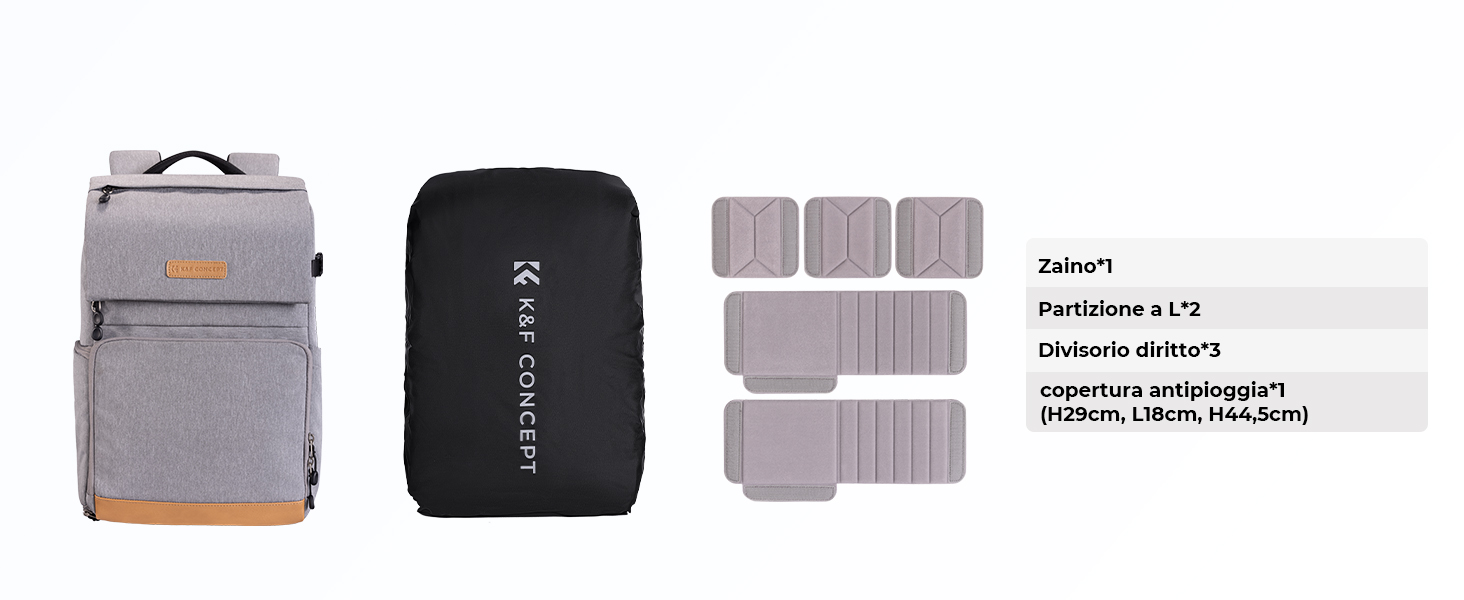 Zaino grigio con più scomparti accanto a una custodia nera. Accanto sono visualizzati vari cubi da imballaggio rettangolari in grigio chiaro