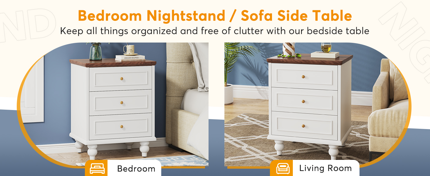Tribesigns White Nightstands Set of 2, 3Drawer Bedside