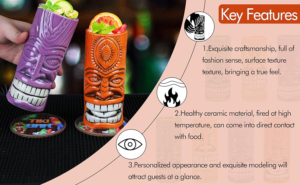Tiki Mugs Set of 4,Ceramic Tiki Hawaiian Party Mugs