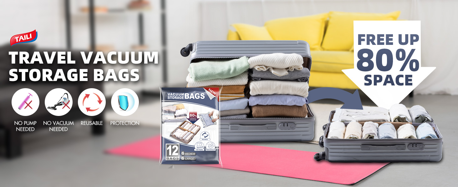 TAILI Travel Compression Vacuum Bags 12 Pack, Roll Up Space