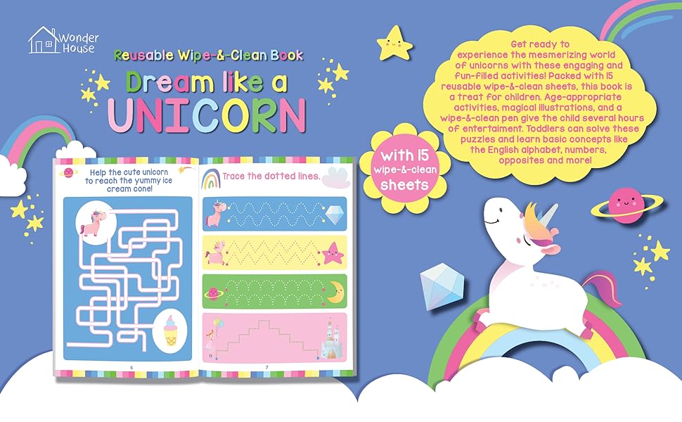 Dream Like A Unicorn - Reusable Wipe And Clean Activity Book: With 15 Wipe And Clean Sheets