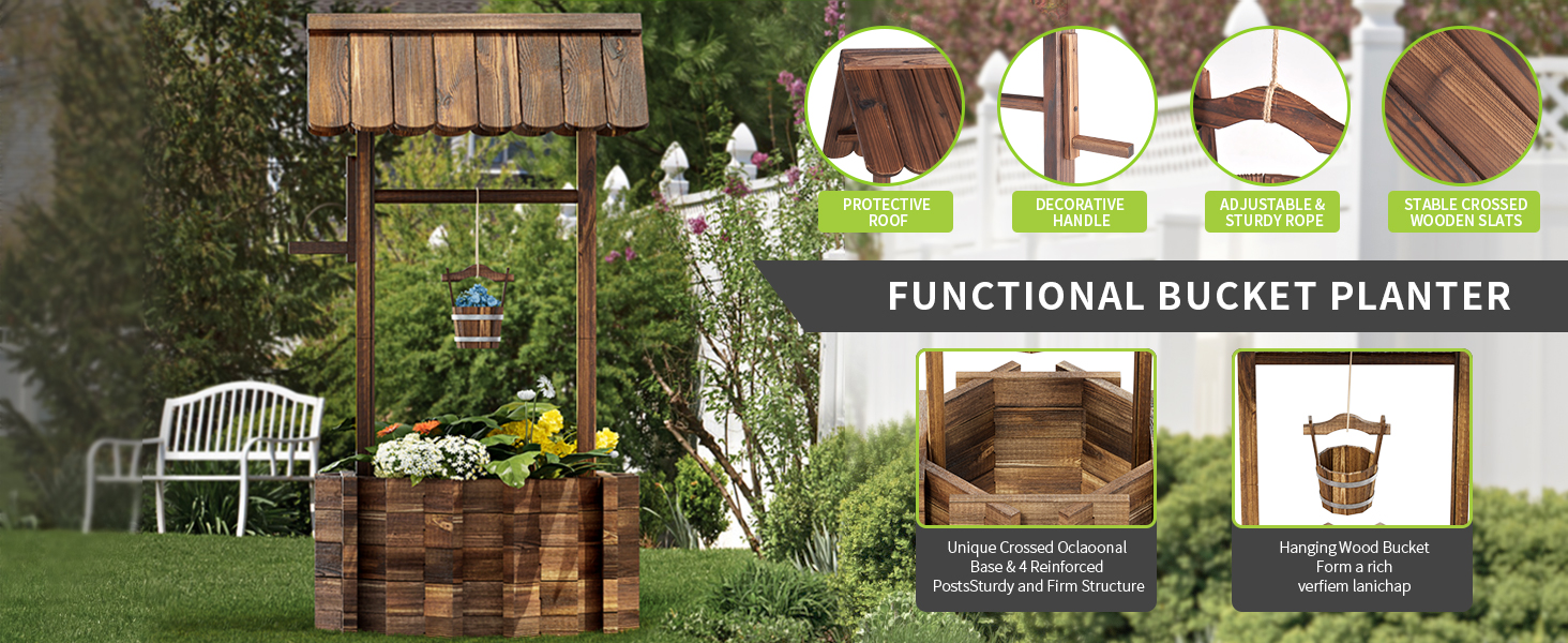 Aoxun Wooden Wishing Well Planters with Hanging Bucket