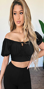 Women's Crop Top Square Neck Tie Front Tops Elegant Puff Sleeve Blouse Sexy Milkmaid Top