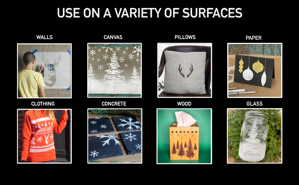 A variety of holiday stencil project surfaces