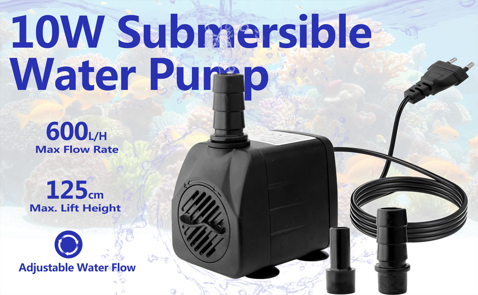 10-W-Tauchwasserpumpe mit maximaler Durchflussrate von 600 l/h, maximaler Hubhöhe von 125 cm und einstellbarem Wasserdurchfluss. Schwarze Pumpeneinheit mit Kabel und Zubehör abgebildet.