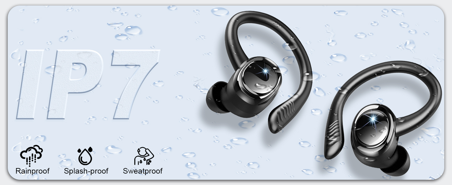 Black wireless sport earbuds with over-ear hooks design, showing both left and right units against a light background with icon indicators.