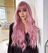 Esmee 26 Inches Long Pink Wig with Bangs Natural Synthetic Hair Wavy Wigs for Women Daily Party C...