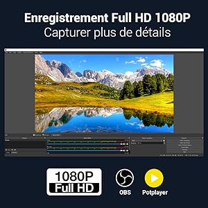 d'un logiciel de montage vidéo affichant un paysage de montagne. Le texte indique la capacité d'enregistrement Full HD 1080P. Les logos OBS et Potplayer sont visibles.