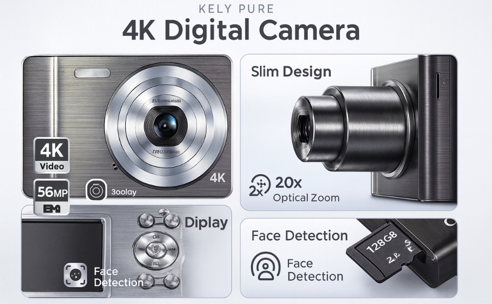 KELY PURE 4K Digital Camera with 56MP Sensor, 20X Zoom, Autofocus, and 3.0-inch Display