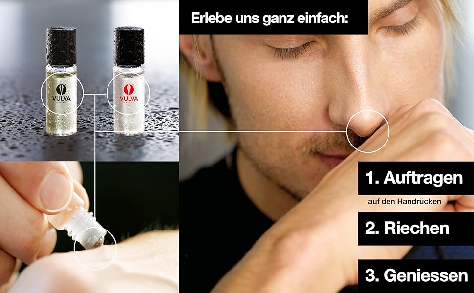 Ein mehrteiliges Bild, das kleine Flaschen und die Nase einer Person zeigt, mit deutschem Text, der die Schritte beschreibt, ein Produkt aufzutragen, zu riechen und zu genießen