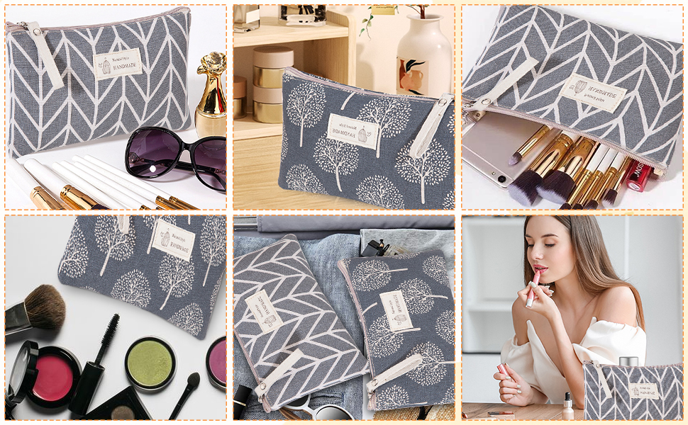 Canvas Cosmetic Bag, 2 PCS Portable Women Purses, Printed Makeup Bag Pouch Multifunctional Travel Toiletry Bag with Zipper for Cosmetics Keys Cards 15 pouches for handbags