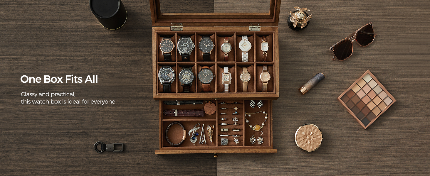 a wooden box with a variety of watches and jewelry.