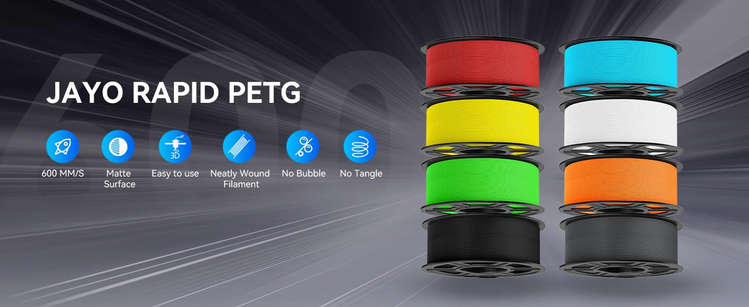 Colorful 3D-printed filament spools in red, blue, yellow, white, green, orange, and black. Product features include rapid heating, low shrinkage, and high-speed printing capabilities.