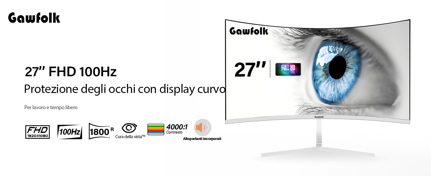 Gawfolk 27 Pollici 100Hz Curvo Gaming Monitor,