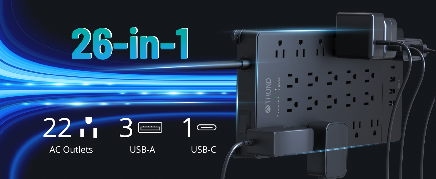 TROND Surge Protector Power Bar, 22 Widely Spaced Outlets 4 USB Ports (1 USB C), 10ft Long