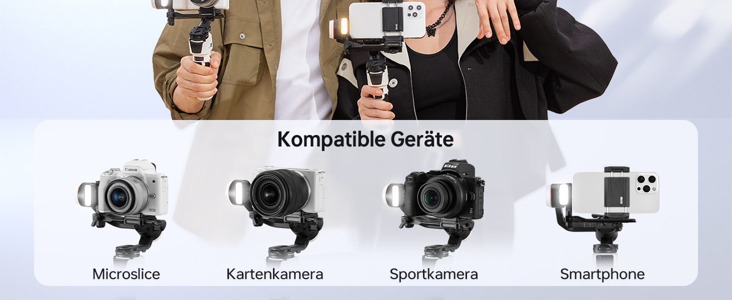 Das Produktkompatibilitätsdiagramm zeigt vier Arten von Montagegeräten: Mikrofon, Action-Kamera, Sportkamera und Smartphone-Aufsätze.